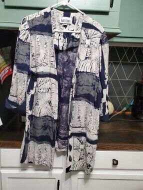 Kari's Korner Vintage Abstract Print Duster Kimono Cardigan Navy White Rayon